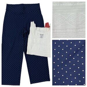 SMALL Lands End Starfish Navy Blue Dotted Capri Pants MEDIUM Mossimo White Tank